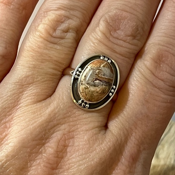 SOLID 925 STERLING SILVER MEXICAN LAGUNA LACE AGATE GEMSTONE RING SIZE 8.5 - Picture 6 of 9